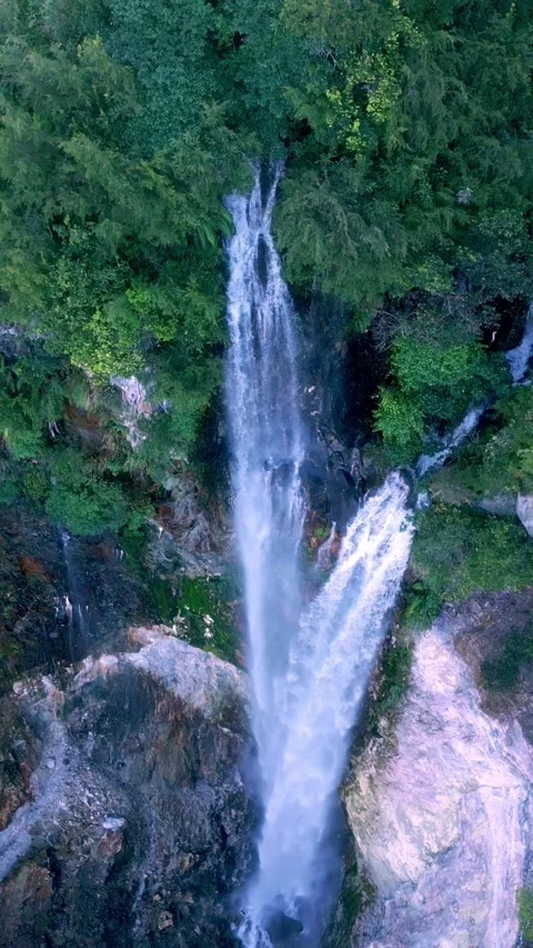 Arial View Green Nature of Forest Waterfall and Wet Mountain in River Stock Footage 306289601
