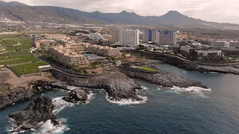 Arial View Hotel Complex Rocky Coastline Atlantic Ocean Mount Teide Tenerife Stock Footage 104401811
