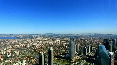 Arial view the Levent Business District. Shooting through the glass. Stock Footage 181492877