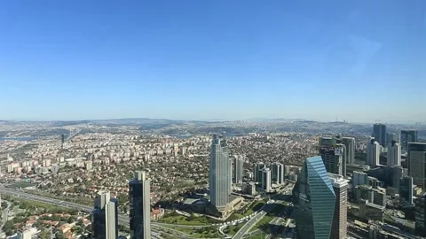 Arial view the Levent Business District. Shooting through the glass. Stock Footage 181492978