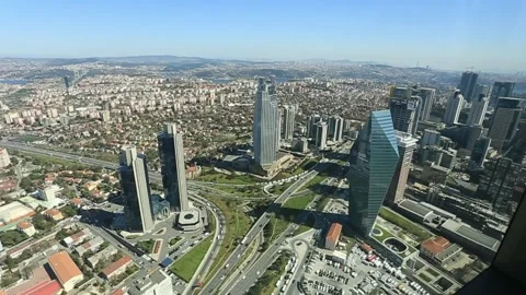 Arial view the Levent Business District. Shooting through the glass. Stock Footage 181492988