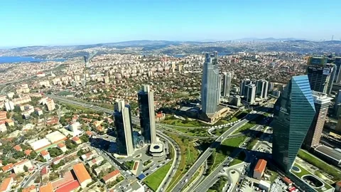 Arial view the Levent Business District. Shooting through the glass. Stock Footage 181493341