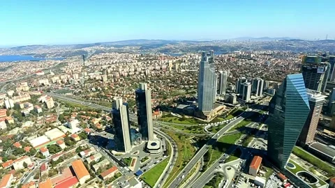 Arial view the Levent Business District. Shooting through the glass. Retro style Stock Footage 181506515