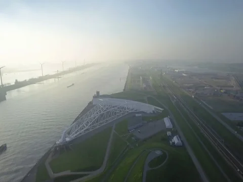 An arial view of the Maeslantkering in the Netherlands Stock Footage 80909564