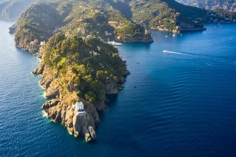 Arial view on the mountain range with a white lighthouse near Ligurian sea on Stock Photos