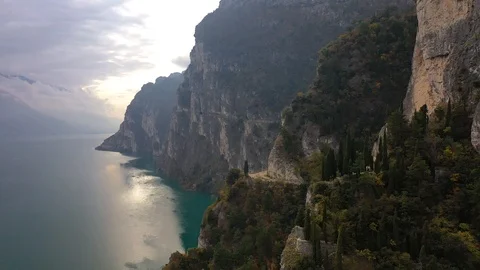 Arial View of old Ponale road and Garda Lake in autumn, Popular destinations Stock Footage 104832287