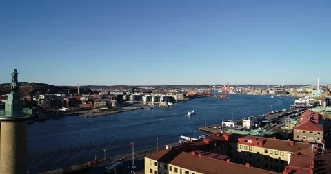 Arial view over Gothenburg river, cityscape and old harbour. Stock Footage 106122030
