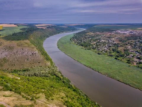 Arial view over the river and small village. Dniester river. 스톡 사진