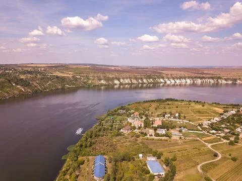 Arial view over the river and small village in autumn. Moldova republic of. M Stock Photos