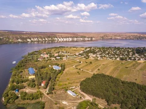 Arial view over the river and small village in autumn. Moldova republic of. M Foto stock