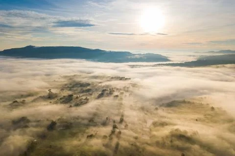 Arial view of Panorama landscape with mountain view and morning fog Stock Photos
