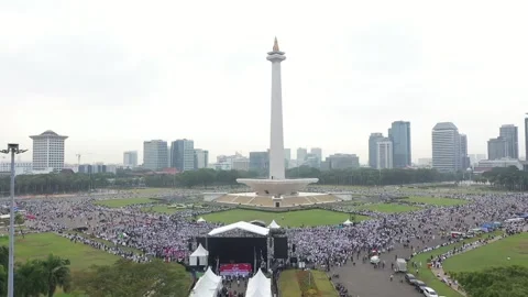 ARIAL VIEW Pro-Palestine In MONAS, JAKARTA, INDONESIA. Stock Footage 255212848