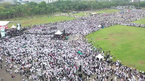 ARIAL VIEW OF PRO-PALESTINE PROTEST IN MONAS, JAKARTA, INDONESIA. Stock Footage 255220481