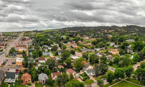Arial view of Rapid City on a cloudy summer day, South Dakota Stock Photos