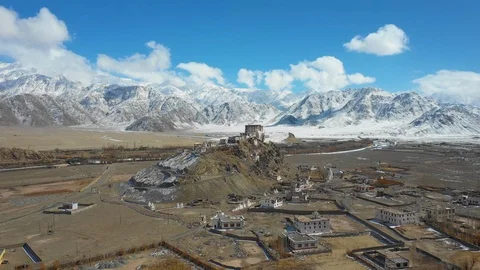 Arial view of Stakna Gompa (monastery), Indus valley near Leh, Ladakh, India Stock Footage