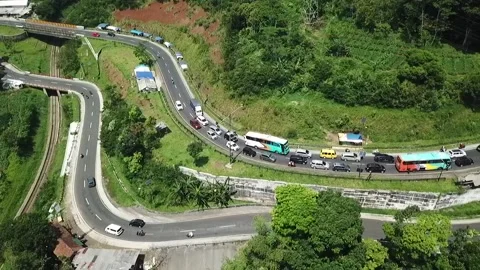 ARIAL VIEW OF TRAFFIC IN GENTONG CIRCLE, TASIKMALAYA, INDONESIA Video stock 239466266