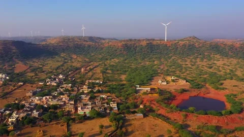 Arial view in the village and wind mills Rajasthan Stock Footage 231667732
