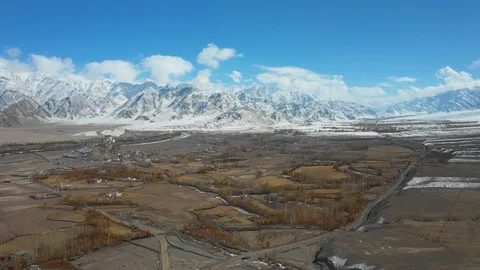 Arial view on a winter day: Indus valley near Leh, Ladakh, India Stock Footage 120339706