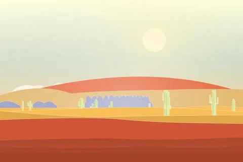 Arid desert backdrop with desert mountain ridge, sand field, and branching Stock Illustration