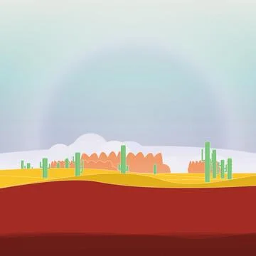 Arid desert backdrop with overcast sky, desert mountain ridge, and cactus tree s Stock Illustration