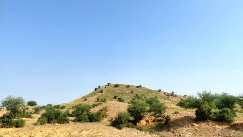 Arid Hillside Landscape With Sparse Green Vegetation Under Blue Sky Foto stock