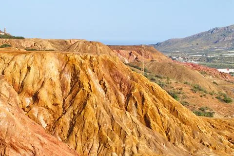 Arid landscape of the old Roman open-pit mines of Mazarrón, in Murcia Stock Photos