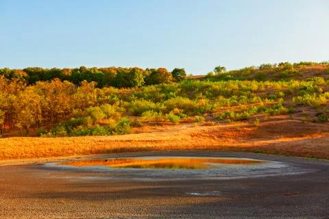 Arid landscape with shrinking pond Stock Photos