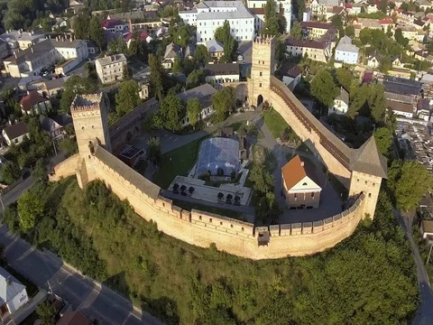 Arieal view on the Lutsk castle. Prince Lubart stone castle, landmark of Lutsk Stock Footage