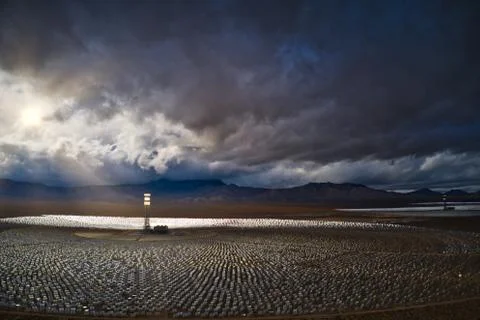 Ariel of Ivanpah Solar Electric Generating System Stock Photos