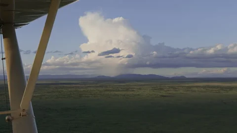 Ariel of savannah landscape with storm clouds pouring in the distance Stock Footage 261026686