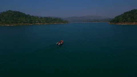 Ariel view of River with boat and people Stock Footage 91588043