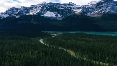 Ariel View of Road in Mountains and Green Pine Forest in Banff Stock Footage 163799672