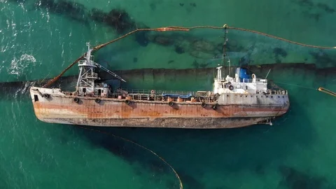 Ariel view of tanker stranded the coast of Odessa beach Stock Footage 121457940