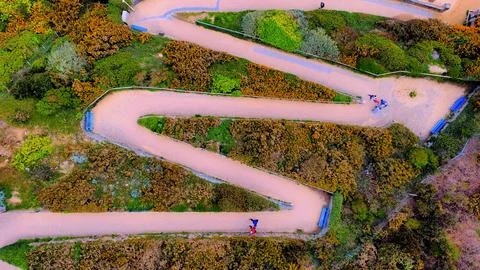 Ariel view of a zig-zag path leading to the beach 스톡 사진