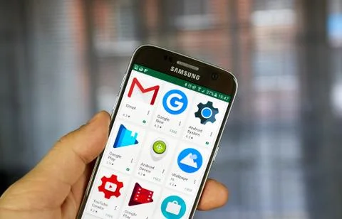 Arious Google application icons on Google Play. Stock Photos