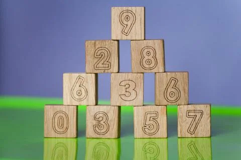 Arithmetic, mathematic, learning concept, numbers background with wooden cube 스톡 사진