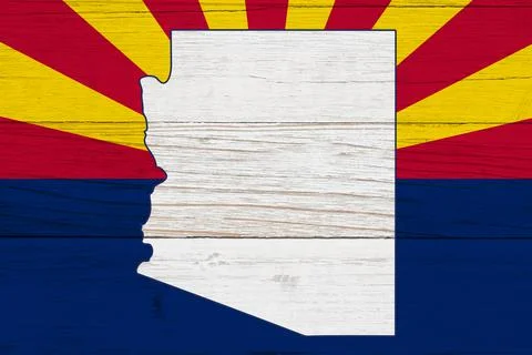Arizona state flag with the state map over weathered wood Stock Illustration