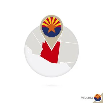 Arizona US State map and flag in circle. Map of Arizona, Arizona flag pin. .. Stock Illustration