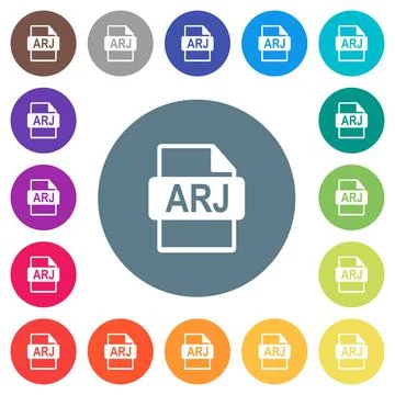 ARJ file format flat white icons on round color backgrounds Stock Illustration