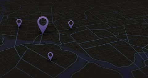 Ark 3D city map background with purple location pins. Isometric street plan Stock Illustration