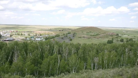 Arkaim. General view of the tourist camp from the mountain in perspective Stock Footage 80979623
