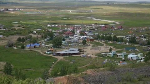 Arkaim. General view of the tourist camp from the mountain Stock Footage 80979626