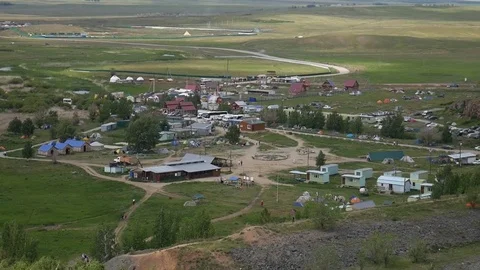 Arkaim. General view of the tourist camp from the mountain Stock Footage 80979641