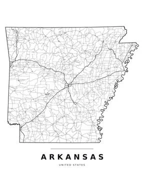 Arkansas AR Map Counties Highways Roads Black White Editable Vector Stock Illustration
