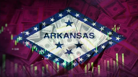 Arkansas Flag on Economic Background With Decrease Bar Chart Graph And Arrow Stock Footage 320969527