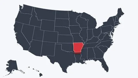 Arkansas Highlighted Raised in 3D on US Election Map Neutral Teal Amber, White Stock Illustration