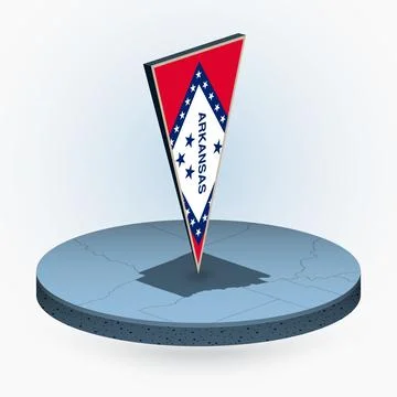 Arkansas map in round isometric style with triangular 3D flag of US State A.. 스톡 일러스트