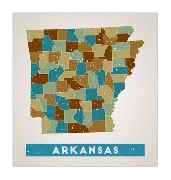 Arkansas map. Us state poster with regions. Old grunge texture. Shape of Ar.. Stock Illustration