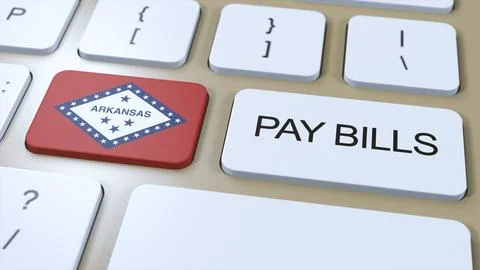 Arkansas State Flag and Pay Bills Text on Button 3D Illustration Stock Illustration