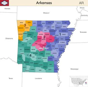 Arkansas state map with counties borders and congressional districts Stock Illustration